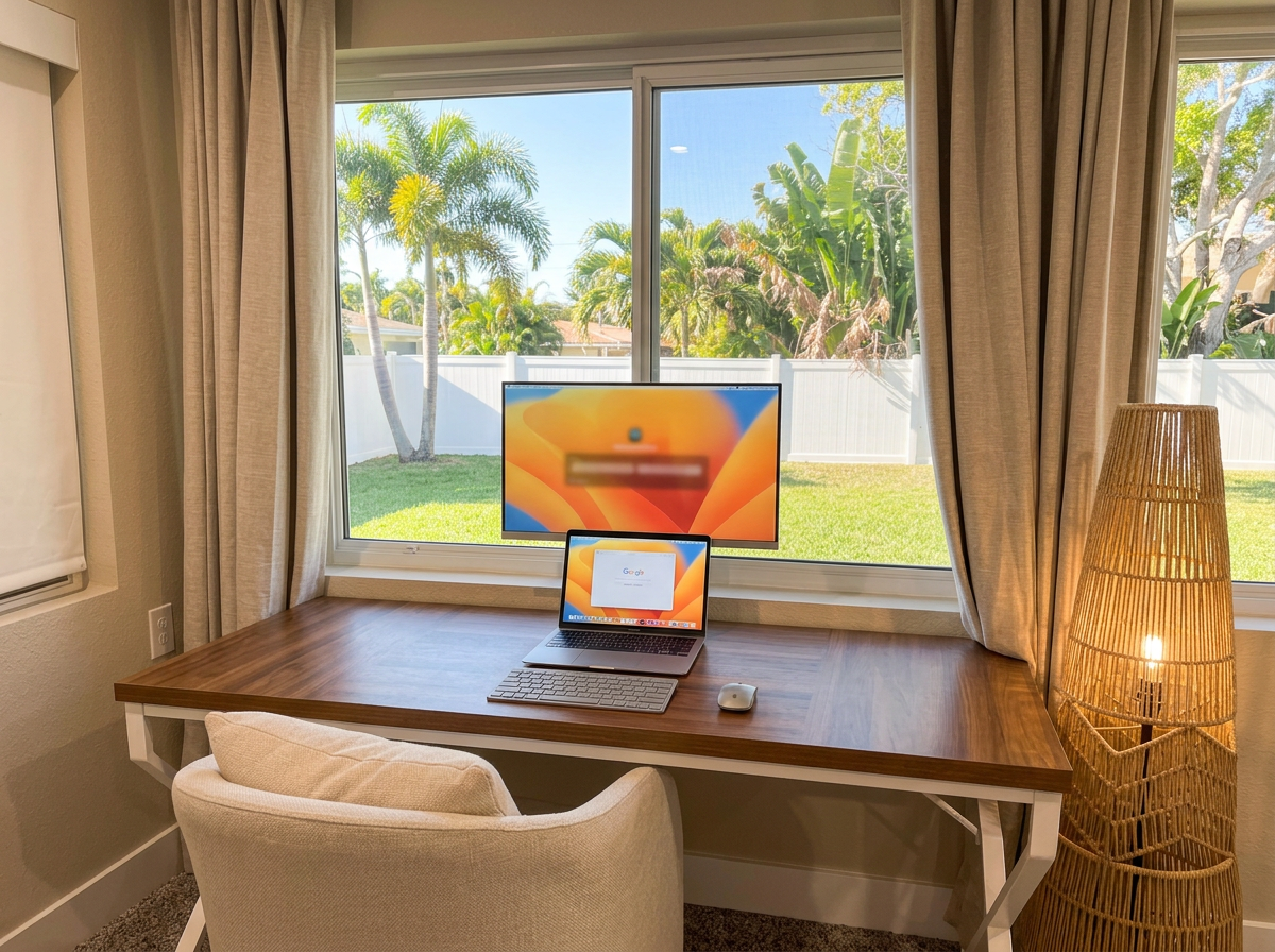 Dedicated work-from-home desk with a MacBook, external monitor, wireless keyboard, and upholstered accent chair facing a window that looks out to the backyard